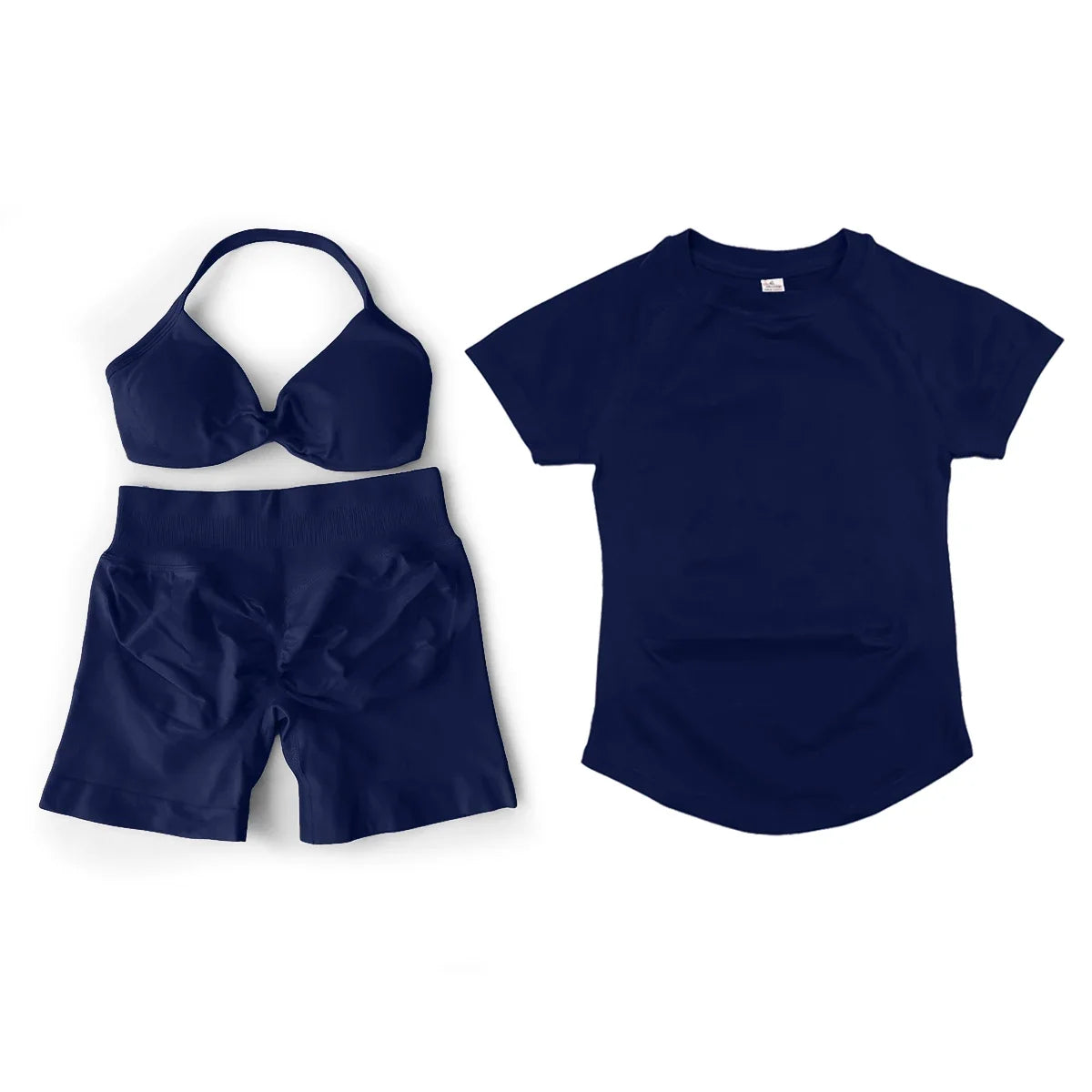 3 Pcs Gym Set Woman Short Sleeve Sport T-Shirt & Seamless Scrunch Gym Shorts & Strappy Bra Fitness Workout Suits Gym Clothing