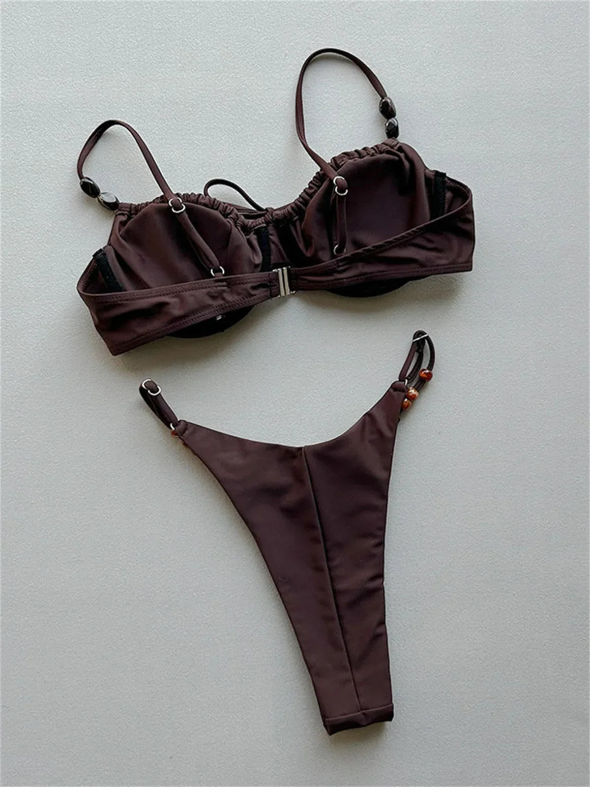 Sexy Coffee Bikini Set Women Front Tie Pleate Push Up Underwire Bra Beaded String Thong Swimsuit 2026 Bathing Suit Pool Swimwear