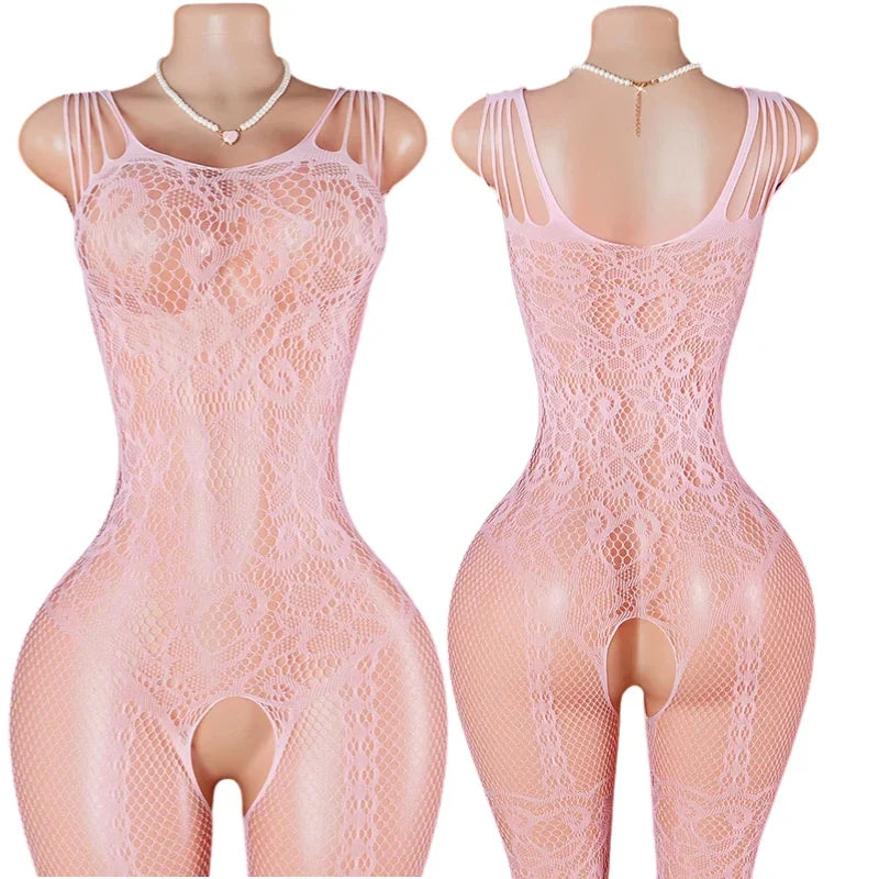 Transparent Fishnet Hollow Lingerie Set Women Hanging Neck Erotic Crotchless Bodystockings Open Bras BodySuits Hot Underwear Set