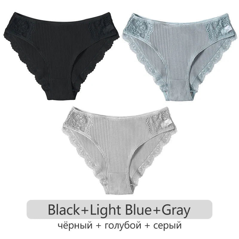 3Pcs/set Women's Cotton Panties M-2XL Trendy Patchwork Lace Underwear Female Low Waist Briefs Ladies Comfortable Underpants 2023