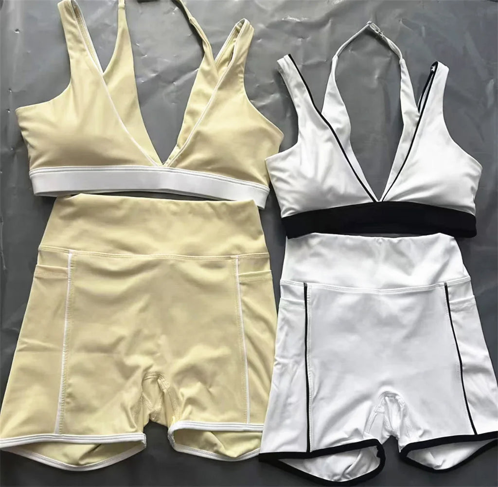 Pad 2PCS Yoga Set Sports Bras V-Neck Halter Pocket Fitness Workout Running Leggings Gym Woman Active Wear Clothing XP26
