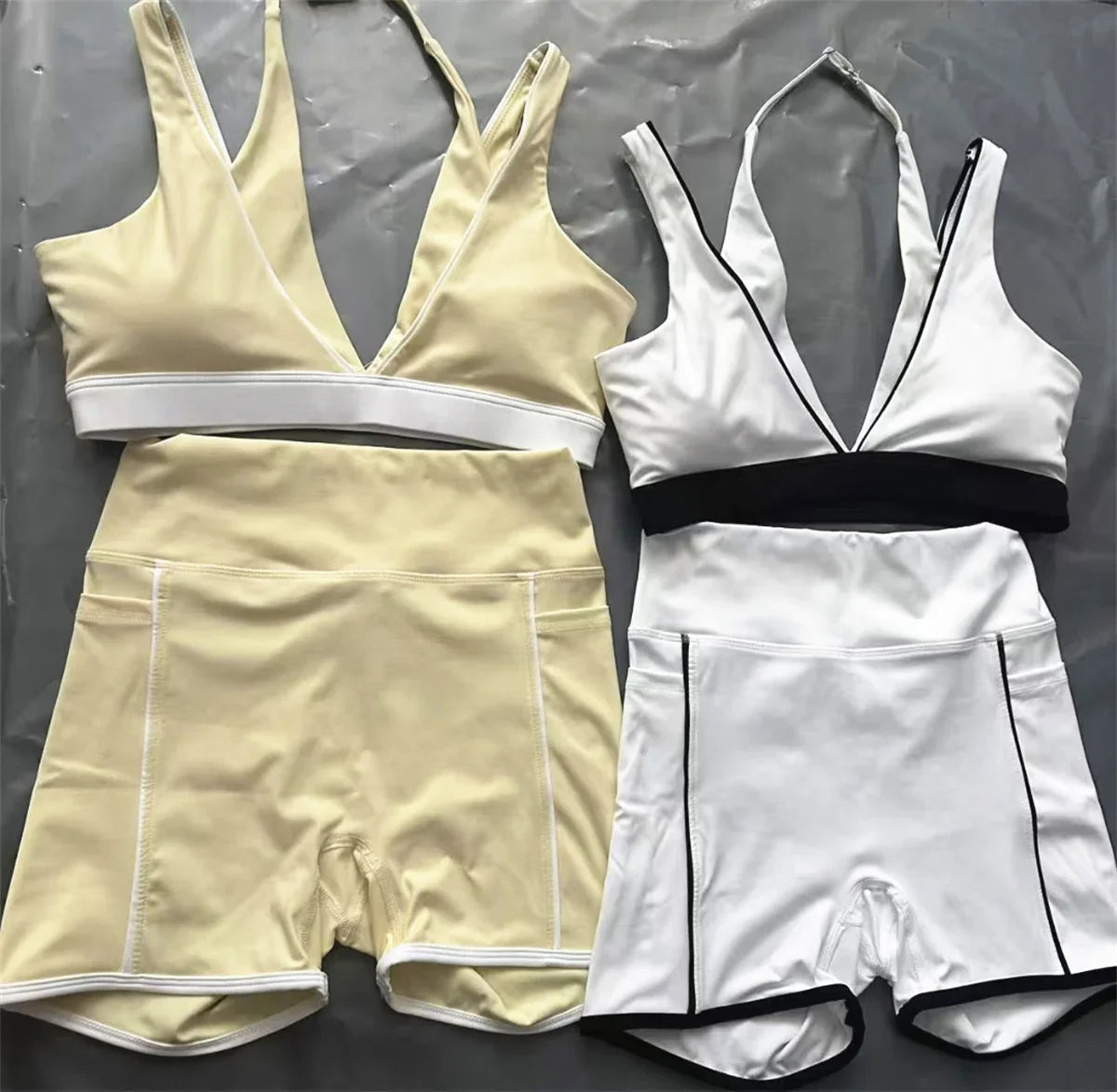 Pad 2PCS Yoga Set Sports Bras V-Neck Halter Pocket Fitness Workout Running Leggings Gym Woman Active Wear Clothing XP26