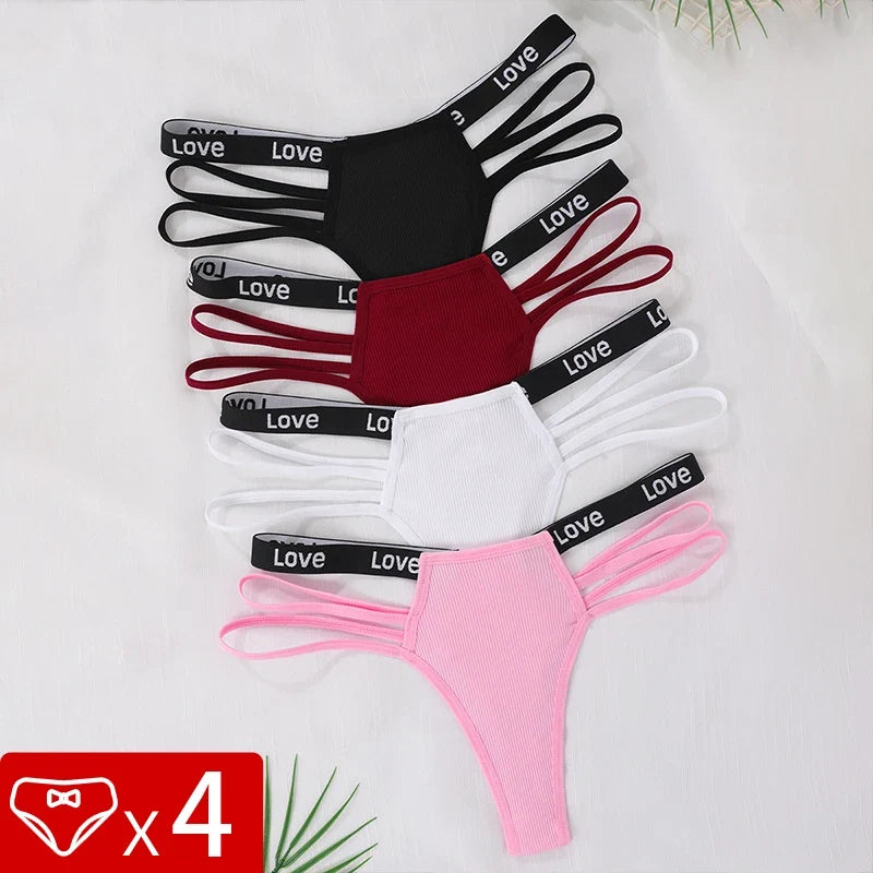 4pcs/pack Low Waist Ribbed Lady thongs Underwear Breathable Comfortable Women's G-string Letter Decor Elegant New Style Lingerie