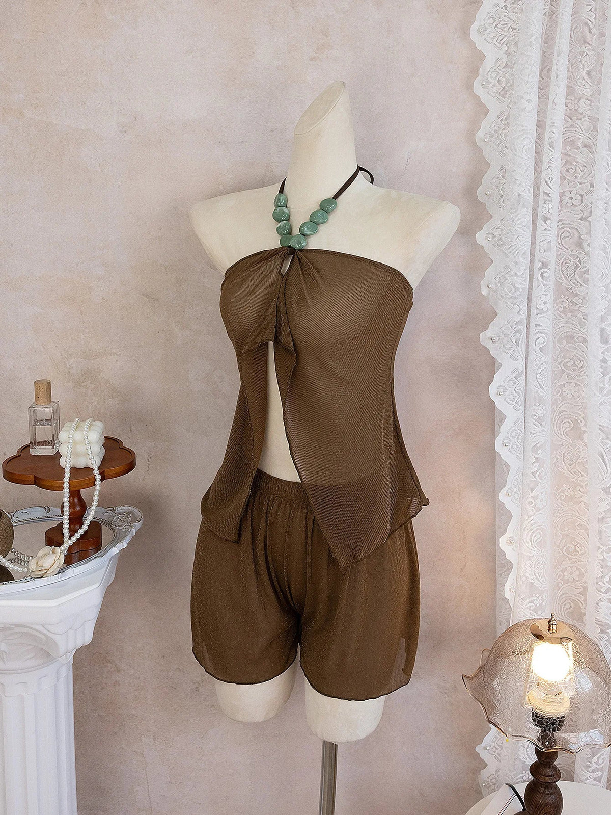 Sexy Coffee Bikini Set 2026 Women Luxury Pearls Strap Cover Up High Waist Short Two Piece Swimsuit Beach Bathing Suit Swimwear
