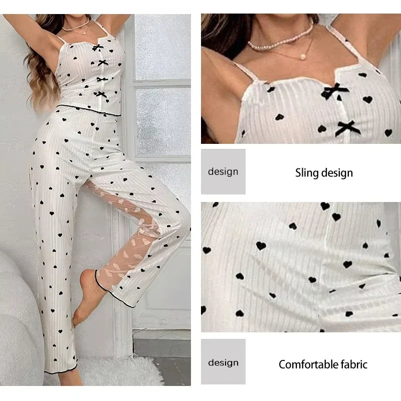 2-Piece Women's Sexy Transparent Mesh Lace Set with Ribbed Printed Strap Top and Pants Home Clothes Pajama Set