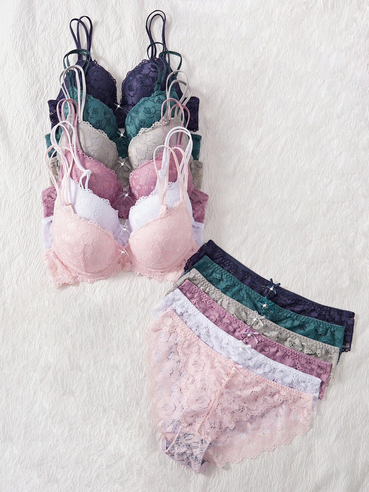 6-Piece Set Women's Bra and Panties Set Sexy Patterned Lace Patchwork No Lining Comfortable Fitting Women's Push-Up Bra Women's Underwear Set