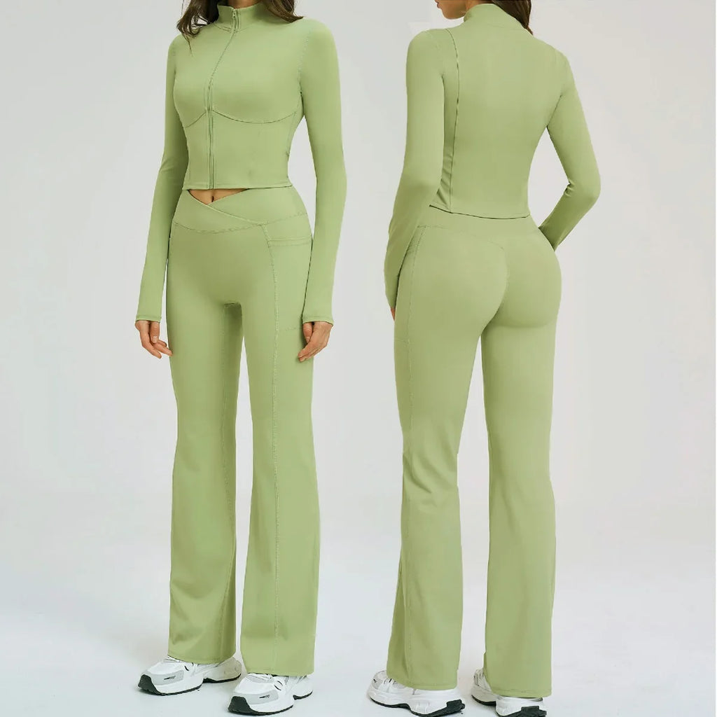 2PCS Yoga Set Gym Clothes Sportswear Seamless Women Fitness Long Sleeved Tracksuits Sports Workout Gym Flared Leggings Athletic