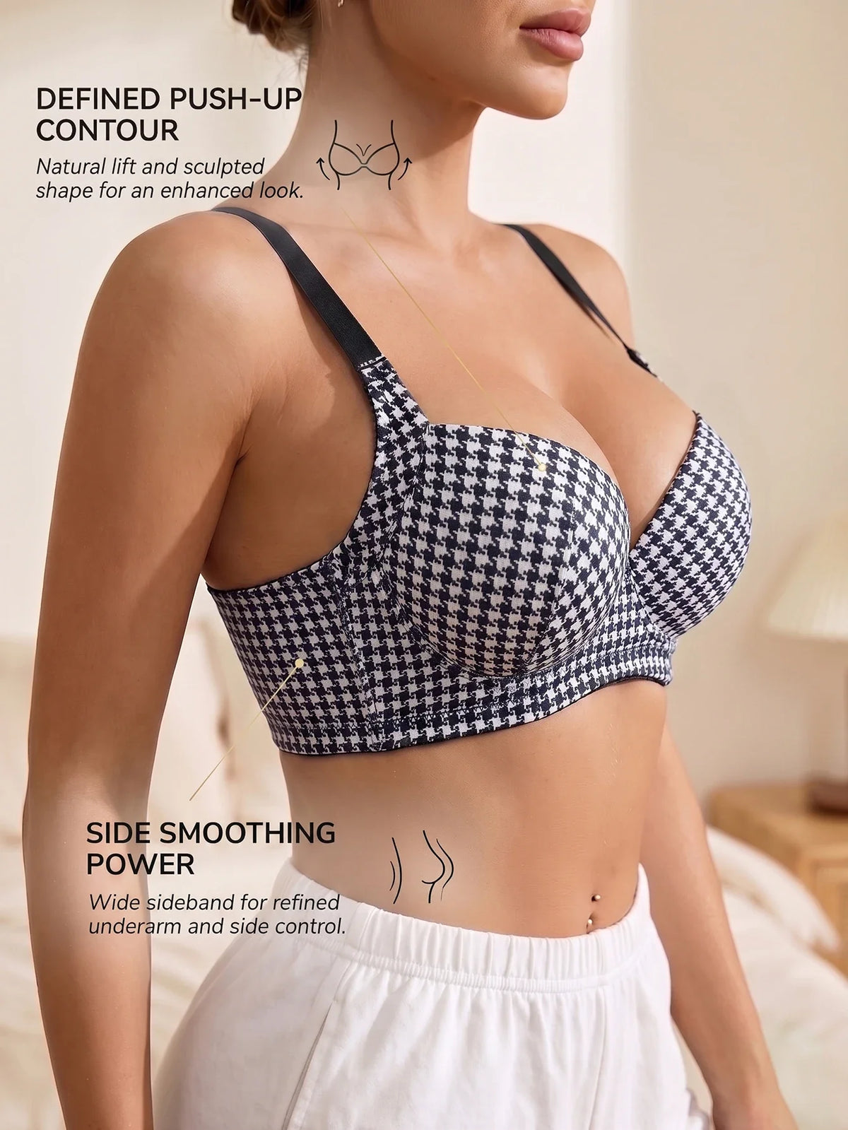 Women's Plaid Push-Up Bra Wide Straps Seamless Smoothing Underwear Underwire Side Support Adjustable Bra for Daily Wear