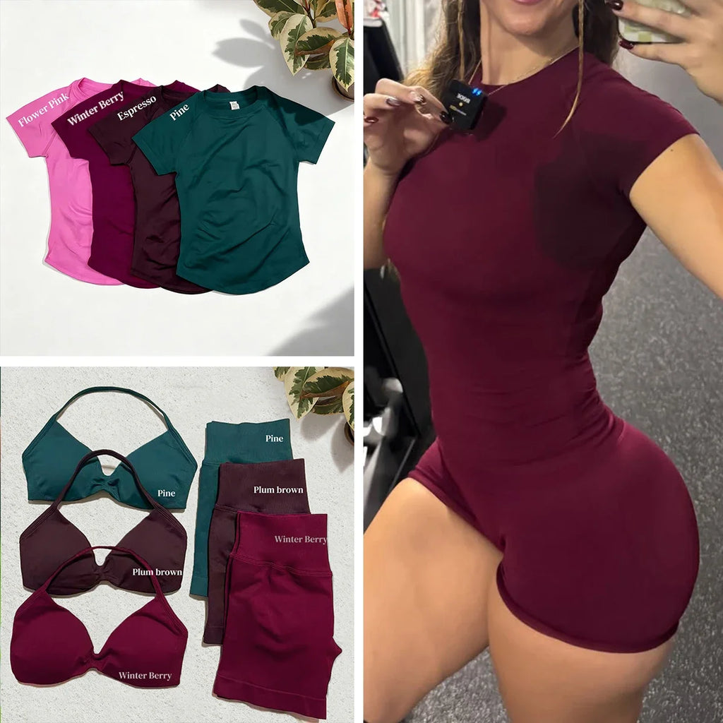3 Pcs Gym Set Woman Short Sleeve Sport T-Shirt & Seamless Scrunch Gym Shorts & Strappy Bra Fitness Workout Suits Gym Clothing