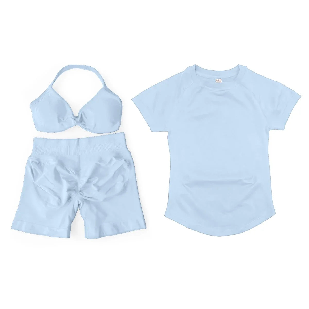 3 Pcs Gym Set Woman Short Sleeve Sport T-Shirt & Seamless Scrunch Gym Shorts & Strappy Bra Fitness Workout Suits Gym Clothing
