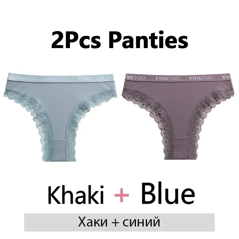 FINETOO 2Pcs/Set Women Cotton Brazilian Panties Plus Size M-2XL Lingerie Sexy Lace Underwear Low Rise Girls Intimates Underpants