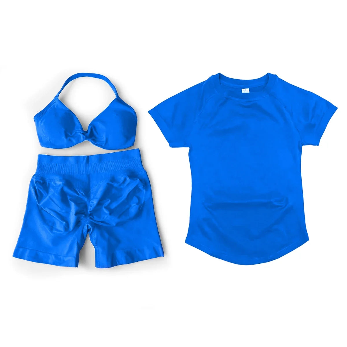 3 Pcs Gym Set Woman Short Sleeve Sport T-Shirt & Seamless Scrunch Gym Shorts & Strappy Bra Fitness Workout Suits Gym Clothing