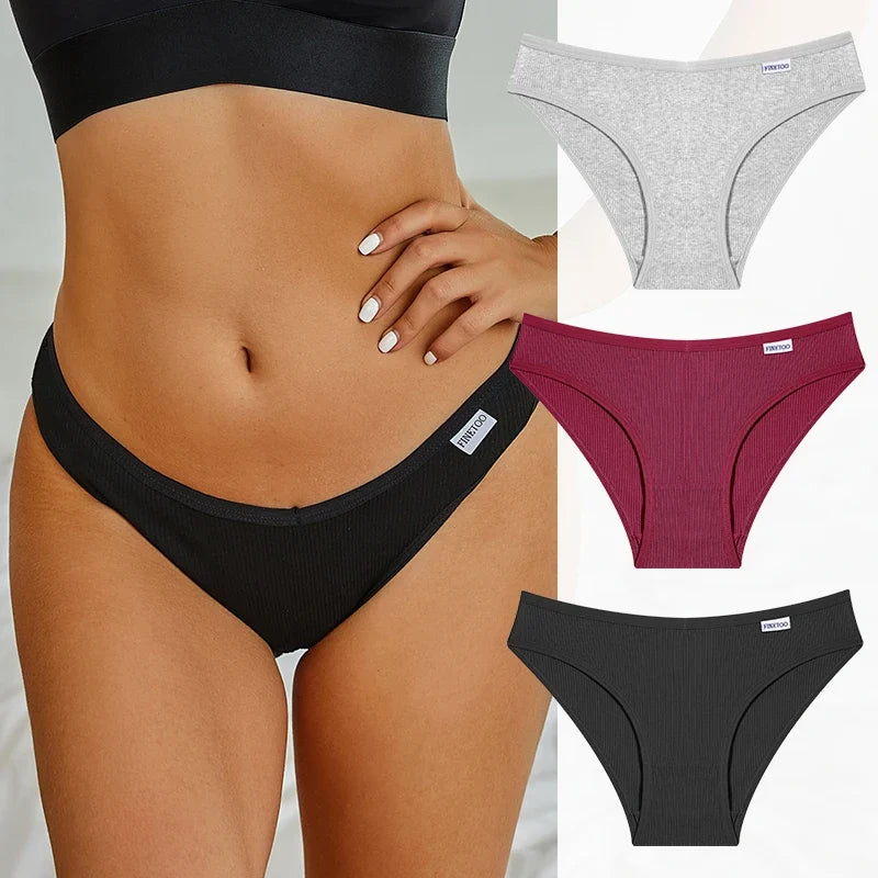 3PCS Cotton Women's Panties Sexy Comfortable Underwear Female Low Waist Stripe Briefs Solid Color Breathable Soft Lingerie M-XL
