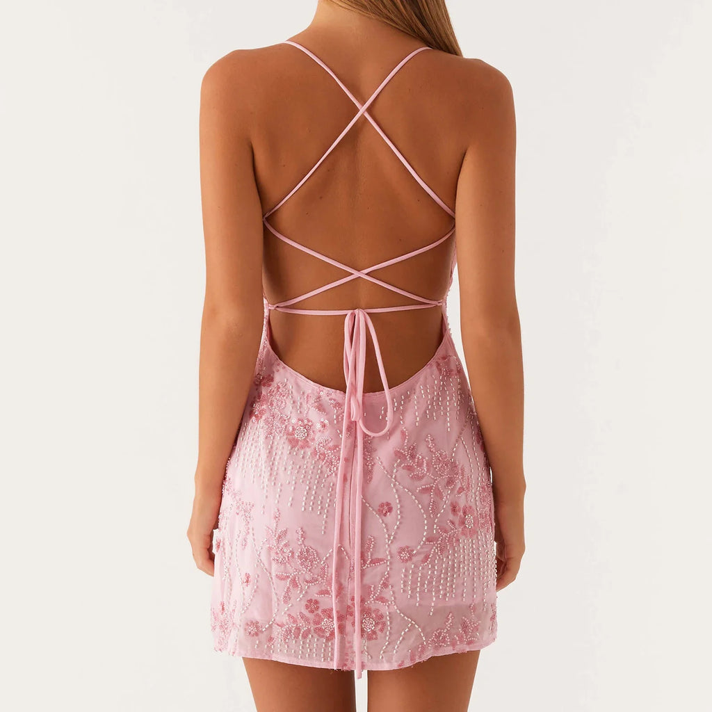 Sexy Glitter Sequin Mini Dress Women Flower Embroidery Deep V-neck Sleeveless Cami Dress Backless Spaghetti Strap Party Vestidos