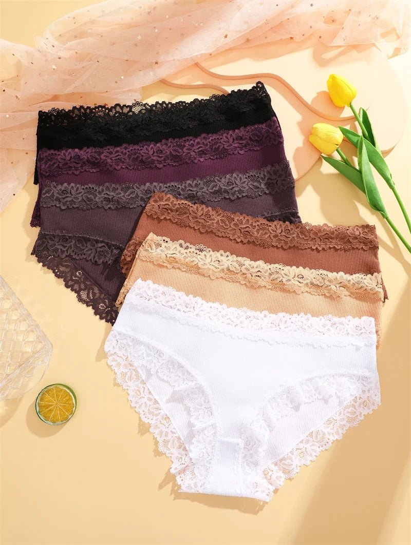 3PCS Sexy Lace Cotton Pants Women Low Waist Panties Underwear S-XL Solid Color Ladies Briefs Lingere Underware Comfortable Women
