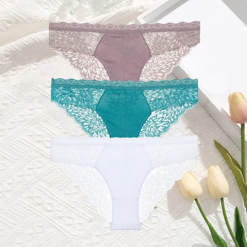 3Pcs/Set Seamless Lace Women Panties Transprant Hollow Out Low Waist Briefs Female Solid Soft Breathable Lingerie Underwear