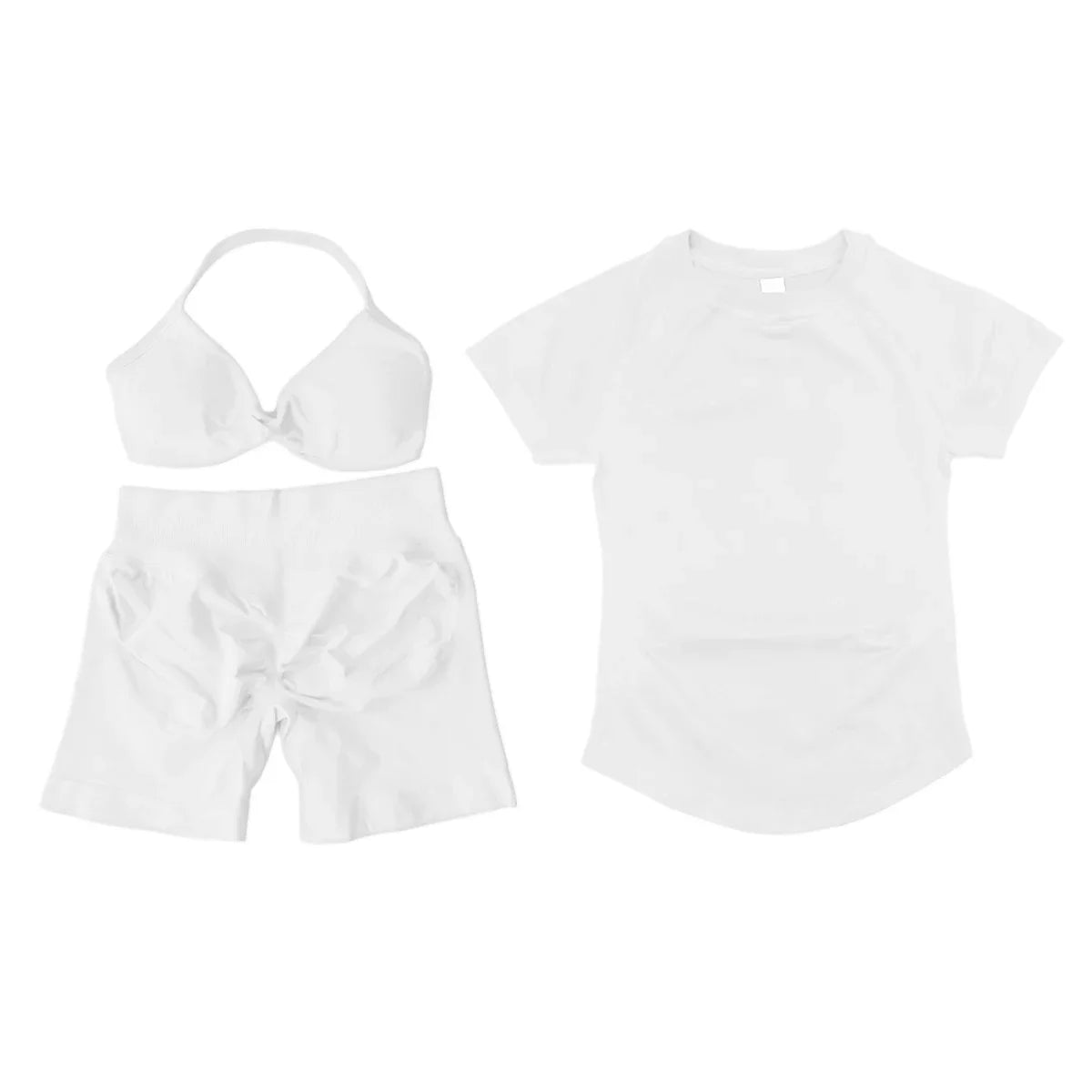 3 Pcs Gym Set Woman Short Sleeve Sport T-Shirt & Seamless Scrunch Gym Shorts & Strappy Bra Fitness Workout Suits Gym Clothing