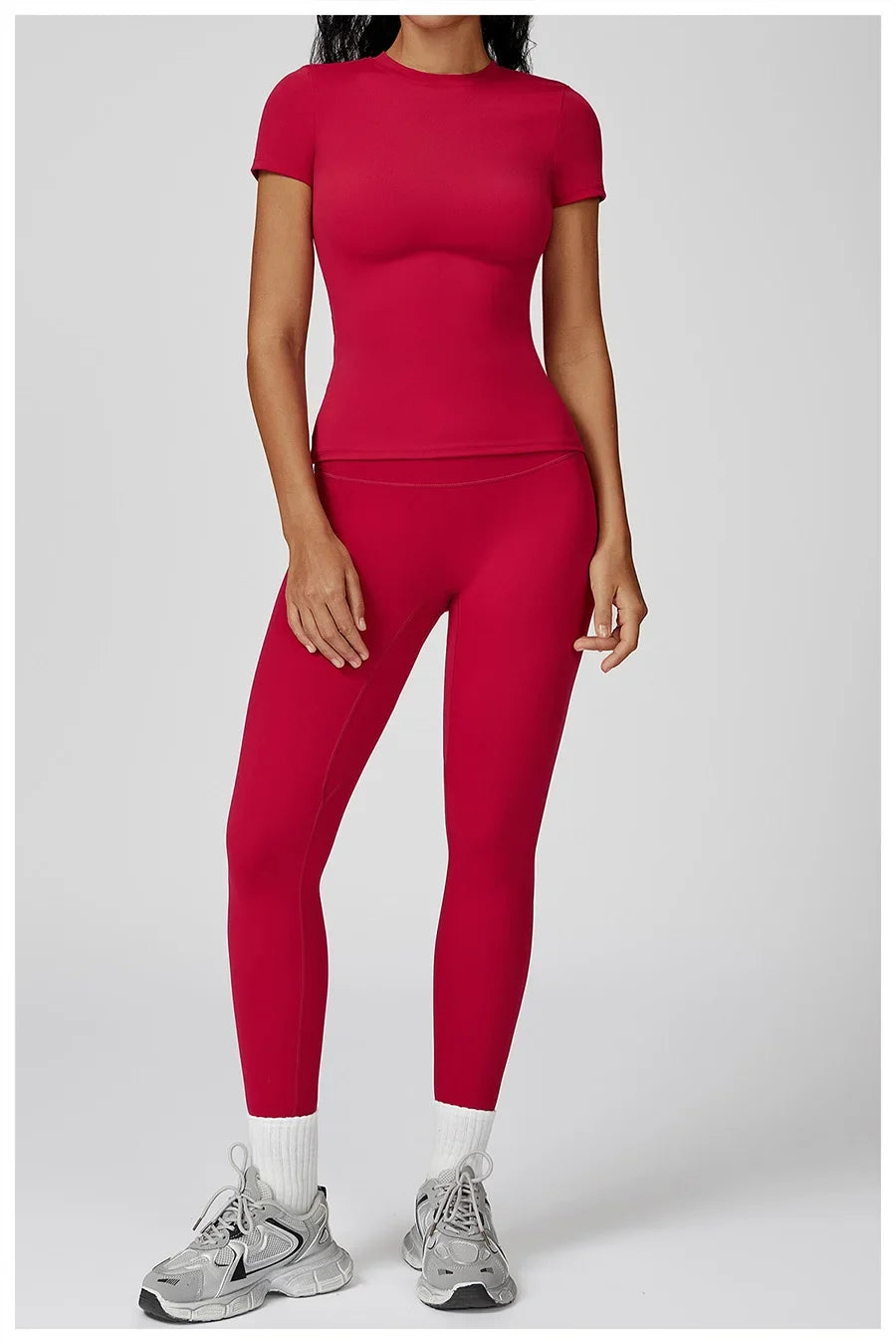 New Yoga Set Two Piece Women Short Sleeve Top with High Waist Leggings Seamless Workout Clothes Patchwork Sport Fitness Gym Sets
