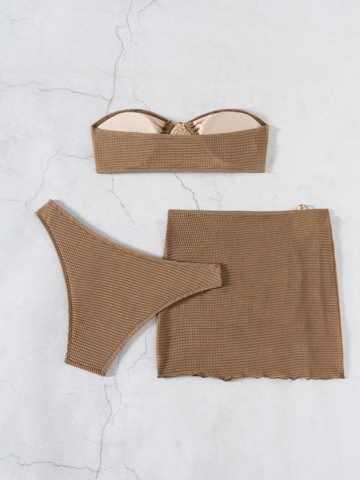 Sexy Bandeau Bikini Women Coffee Metal Water Droplet Ornament Push Up Mesh Skirt 3 Piece Swimsuit Beach Bathing Suit Swimwear