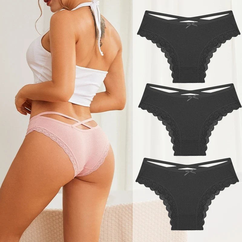 3PCS/Set Women Cotton Panties Low Waist Sexy Lace Brazilian Briefs Female Cross Webbing Underpants Soft Breathable Lingerie S-XL