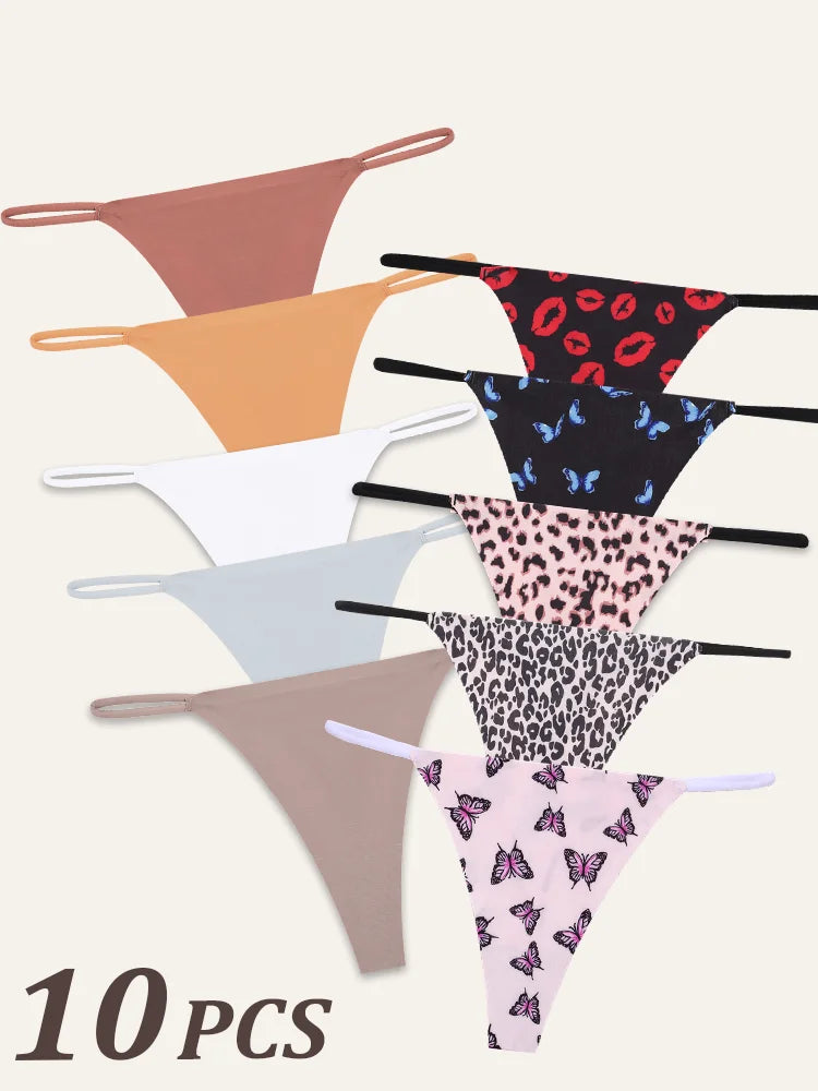 10Pcs Seamless Thong Women Thin Strap Low Waist High Flexibility Panties Sexy Underwear Ladies Briefs T-back Comfortable Women