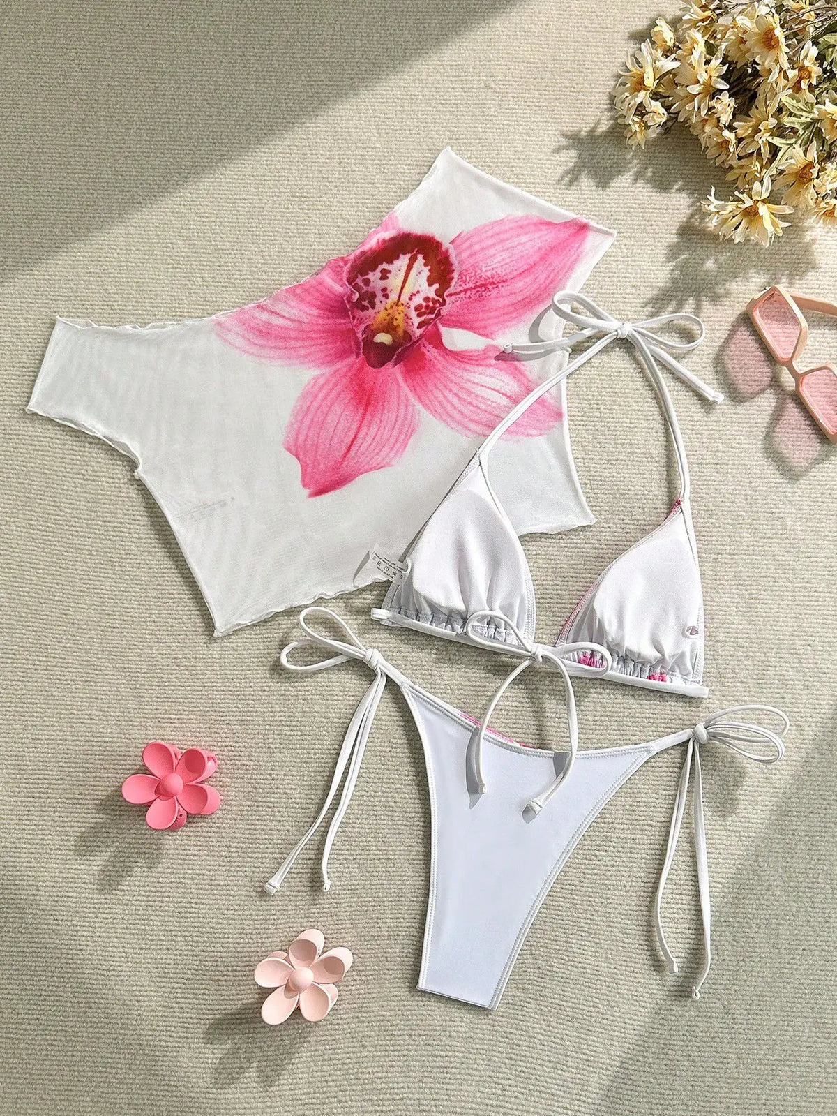 Sexy Pink Floral Print Short Sleeve Cover Up 3 Piece Bikini Set 2026 Women Push Up Thong Swimsuit Holiday Bathing Suit Swimwear