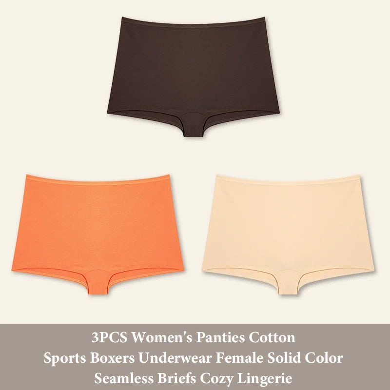 3PCS Women's  Cotton Seamless Panties Sports Boxers Underwear Female Solid Color Briefs Cozy Lingerie Intimate Underpants XS-XL