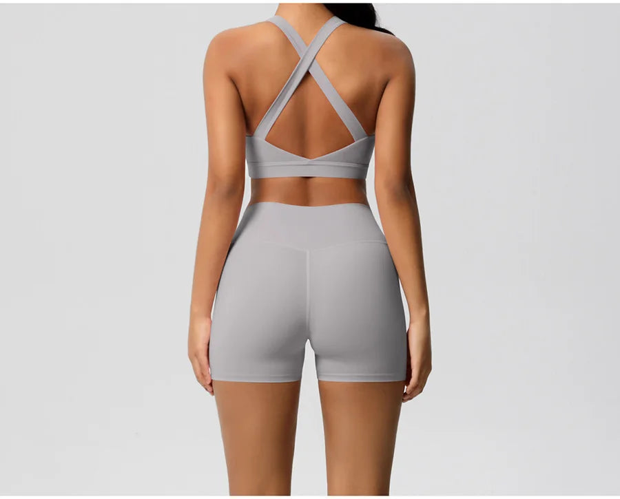 2PCS Yoga Set Women Gym Sports Suits Fitness Bra Crop Top Workout Clothes Female Athletic Wear Push Up Shorts Sportswear