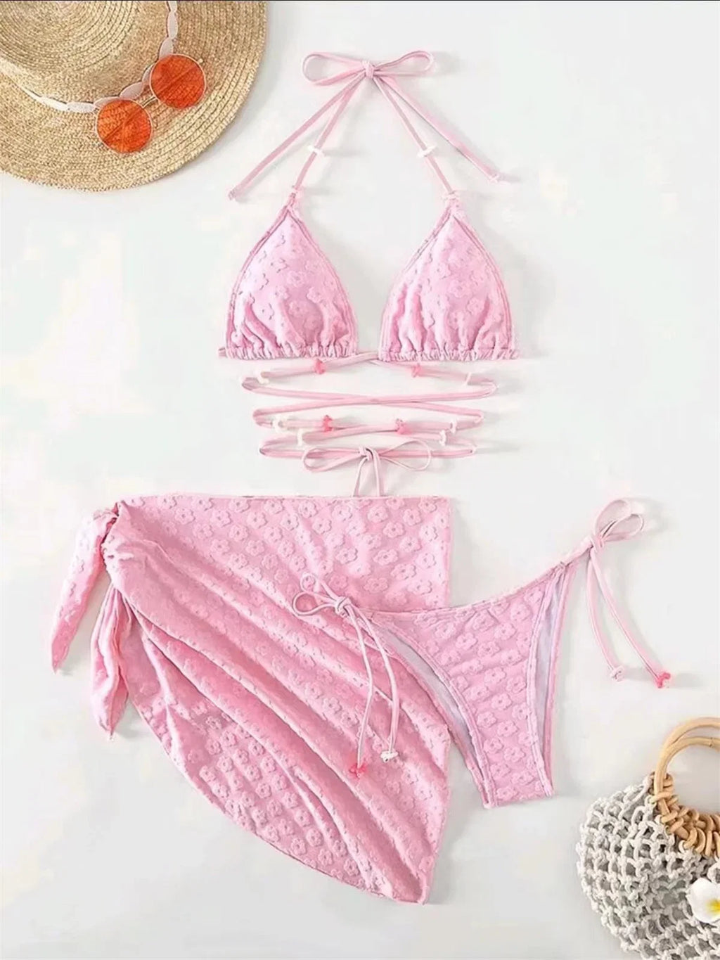 Mesh Skirt Pleated Bikini Set Women Blue White Floral Designer Criss Cross Swimsuit 3 Piece Bathing Suit Cover Up Swimwear 2024