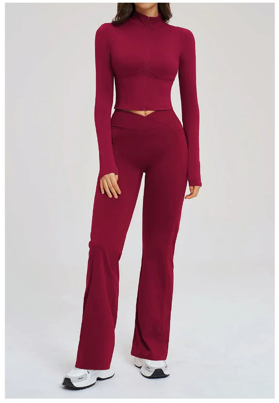 2PCS Yoga Set Gym Clothes Sportswear Seamless Women Fitness Long Sleeved Tracksuits Sports Workout Gym Flared Leggings Athletic