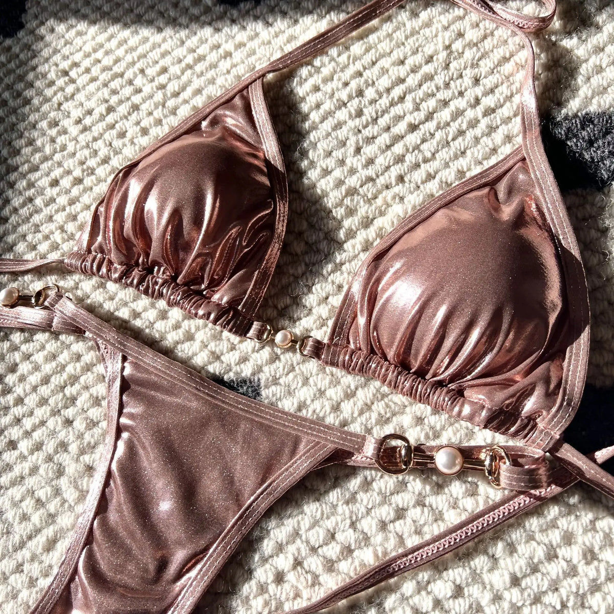 Shiny Pink Micro Bikini 2026 Mujer Women Sexy PU Pearls Push Up Thong Swimsuit Summer Bathing Suit Bandage Holiday Swimwear