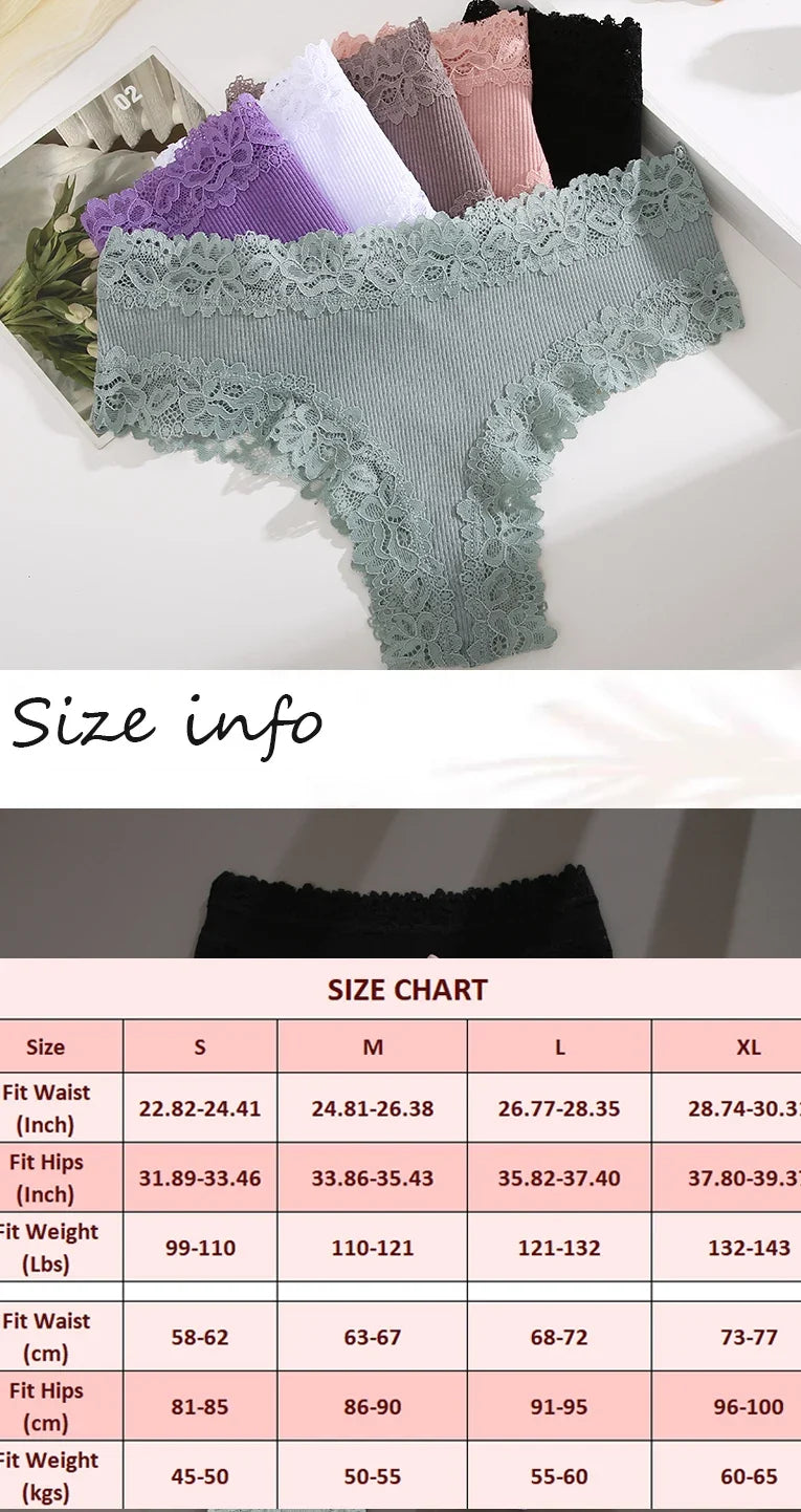3Pcs Sexy Women Cotton Brazilian Pants Lace Brazilian Briefs Low Waist Floral Solid Color G-string Breathable Soft Lingerie