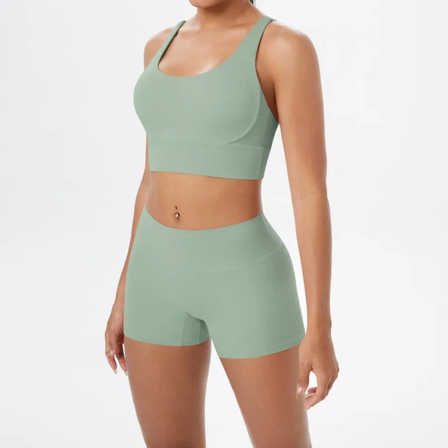 2PCS Yoga Set Women Gym Sports Suits Fitness Bra Crop Top Workout Clothes Female Athletic Wear Push Up Shorts Sportswear