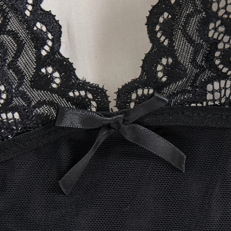 Women Sexy Lingerie Set See-through Deep V Slip Dress Thong Elegant Comfortable. Bow Design Sexy Lace Red Bra Panty Pijamas Set