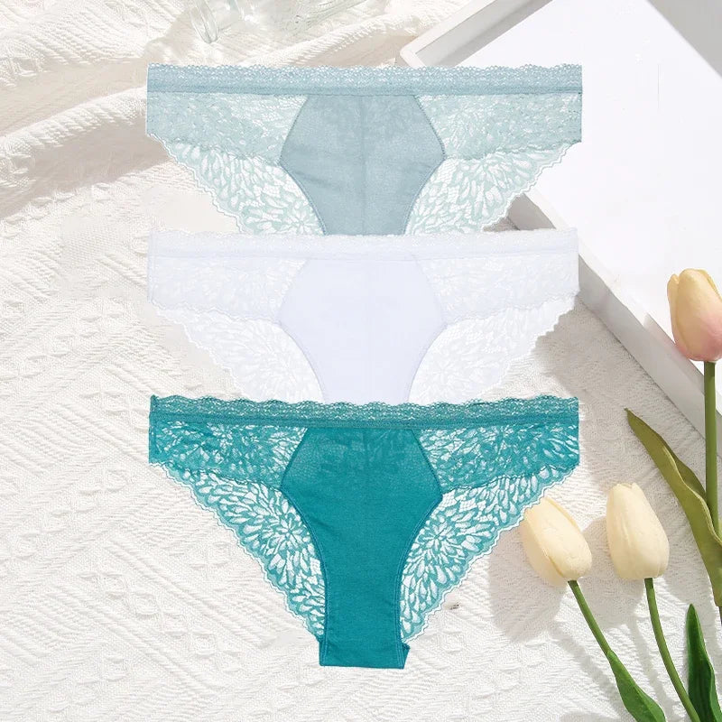 3Pcs/Set Seamless Lace Women Panties Transprant Hollow Out Low Waist Briefs Female Solid Soft Breathable Lingerie Underwear