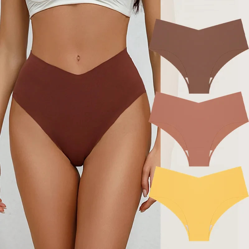 3PCS Women's Seamless Maillard Underwear Sexy V-Shaped Mid Waist Ice Silk Briefs 10 Soild Color Cozy Stretch Sexy Underpant S-XL