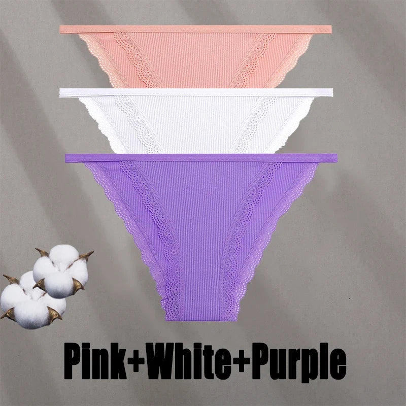 3PCS Women‘s Cotton Lace Panties Low Waist Briefs Comfortable Underwear Ladies Solid Color Underpants Girls Breathable Panty New