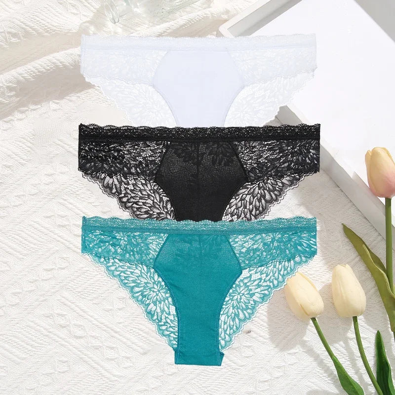 3Pcs/Set Seamless Lace Women Panties Transprant Hollow Out Low Waist Briefs Female Solid Soft Breathable Lingerie Underwear