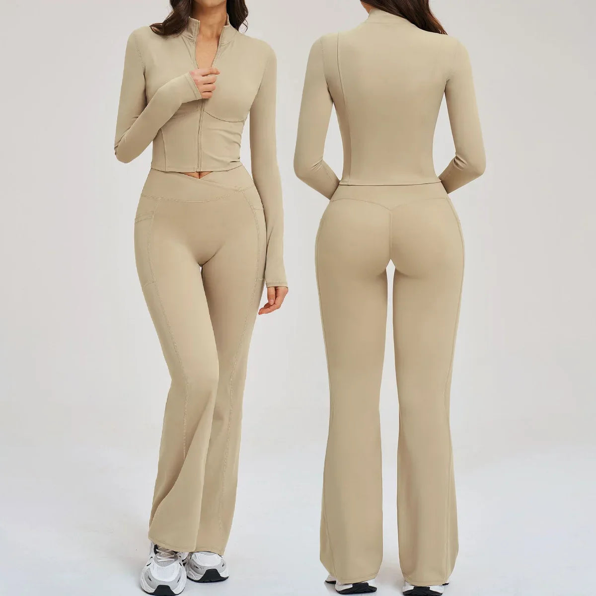 2PCS Yoga Set Gym Clothes Sportswear Seamless Women Fitness Long Sleeved Tracksuits Sports Workout Gym Flared Leggings Athletic
