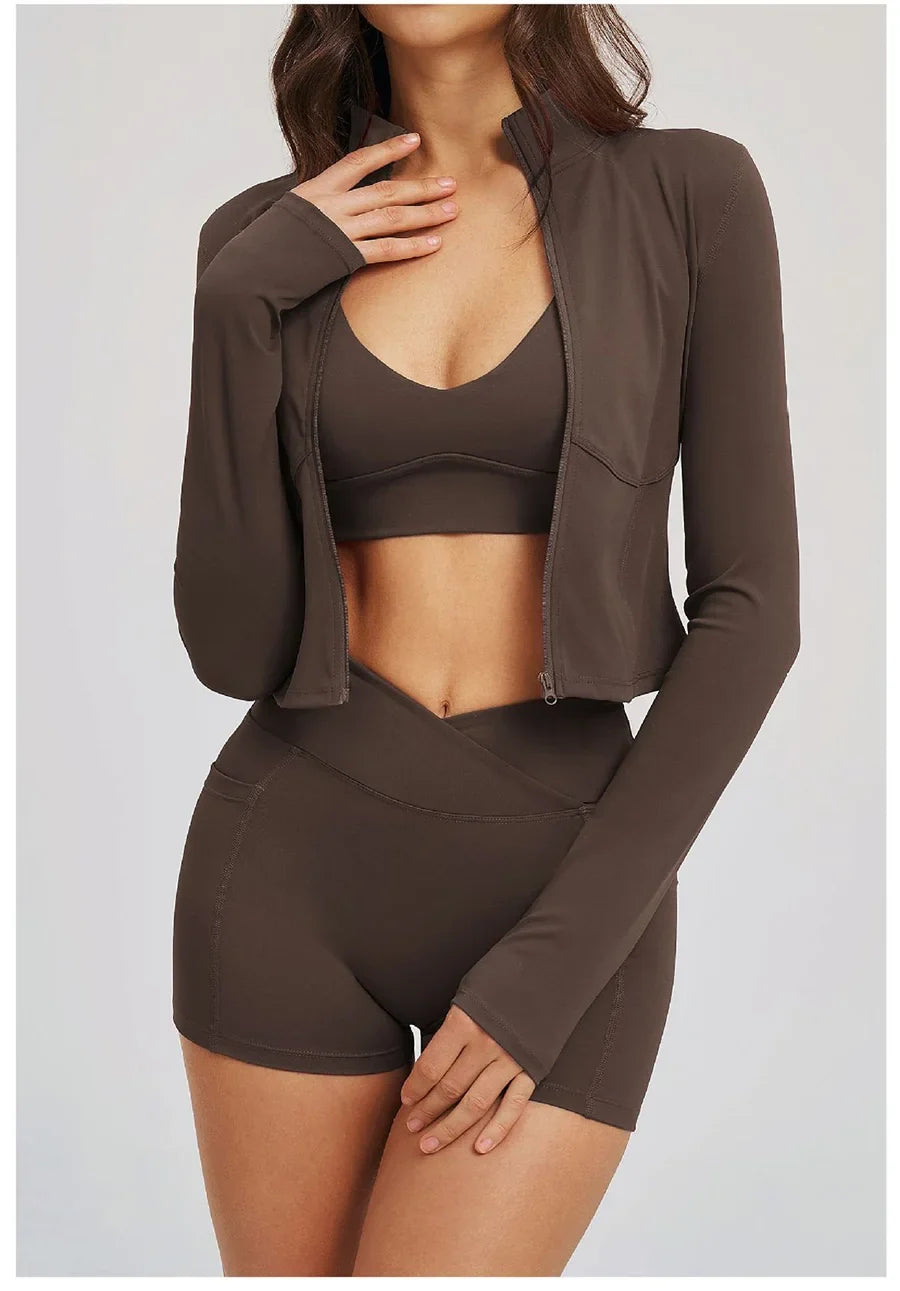 New 3 Pieces Yoga Set Women Workout Sportswear Gym Clothing Fitness Long Sleeve Crop Top Shorts Leggings Female Sport Bra Suits