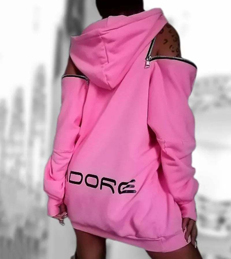 Women's Pink Hoodie Coat Y2K Stylish Off-The-Shoulder Print Hollow Long Sleeves Streetwear Women's Clothing 89431