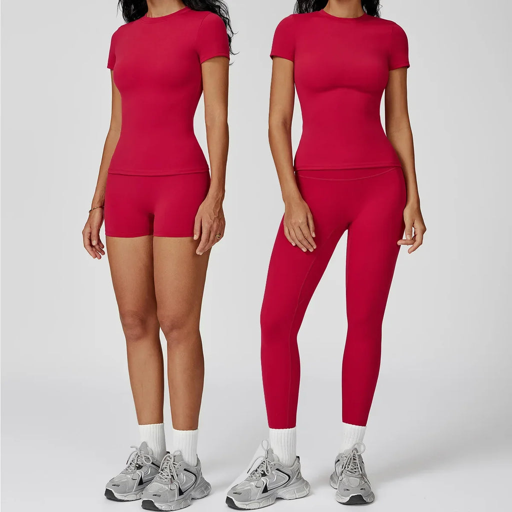 New Yoga Set Two Piece Women Short Sleeve Top with High Waist Leggings Seamless Workout Clothes Patchwork Sport Fitness Gym Sets