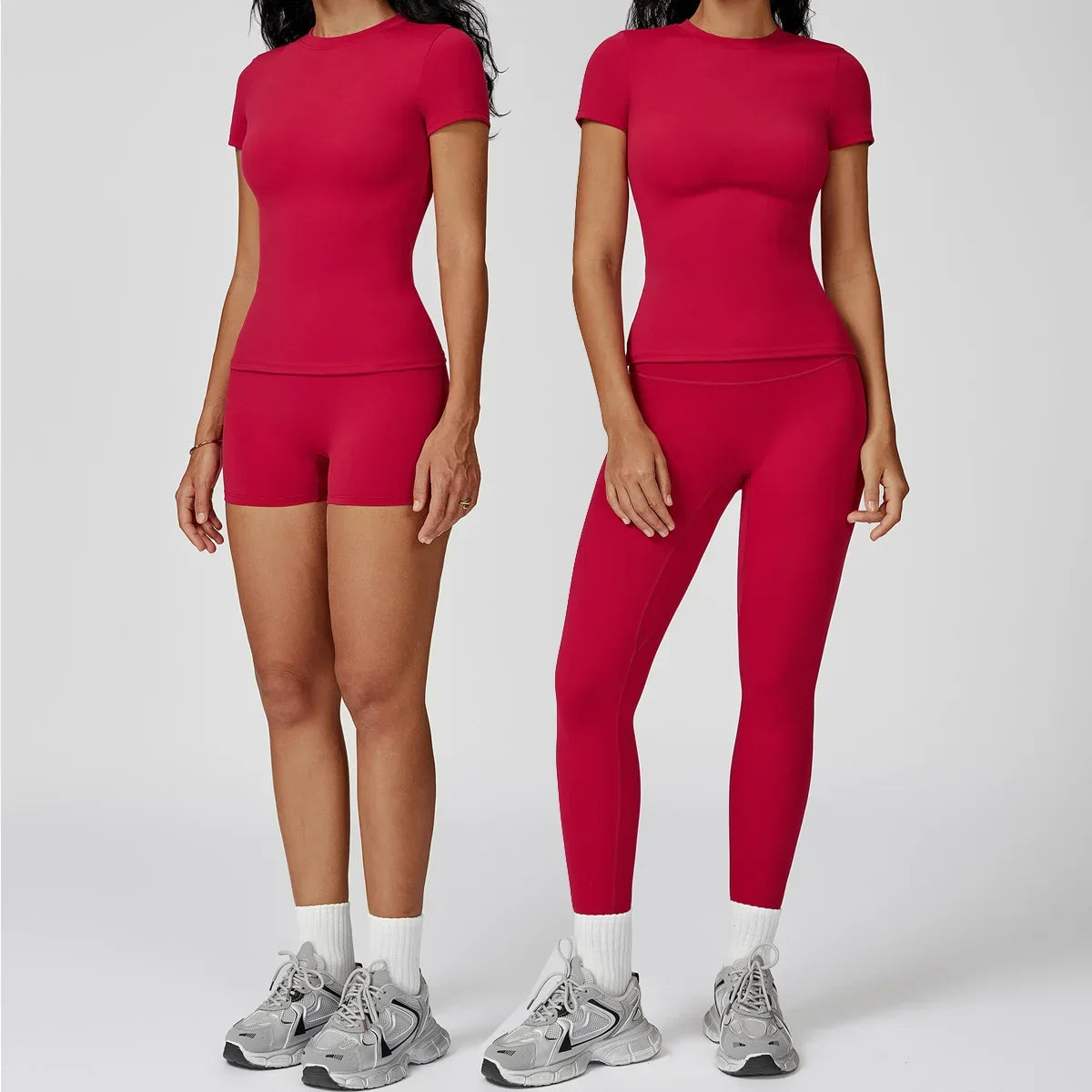 New Yoga Set Two Piece Women Short Sleeve Top with High Waist Leggings Seamless Workout Clothes Patchwork Sport Fitness Gym Sets