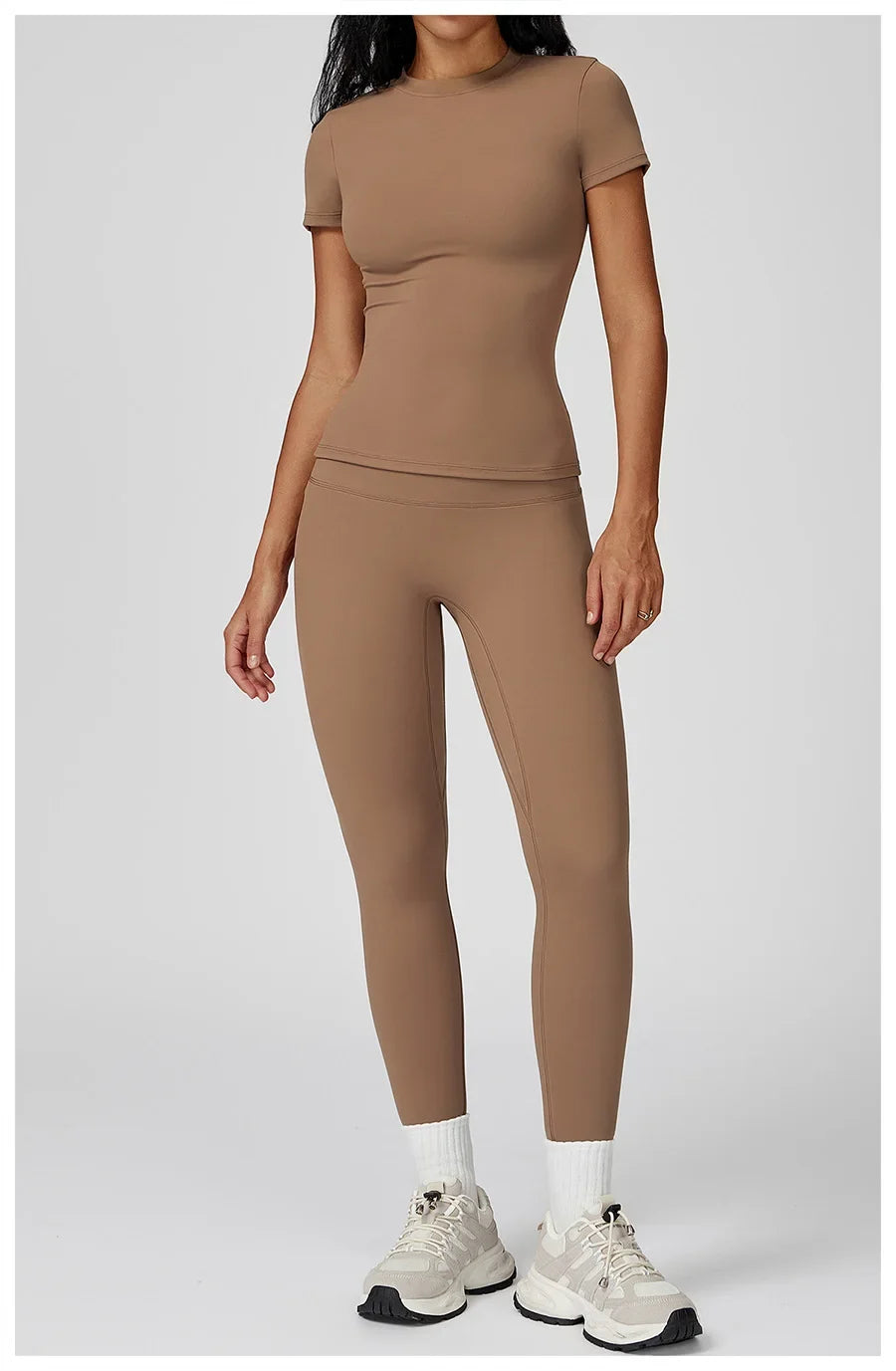 New Yoga Set Two Piece Women Short Sleeve Top with High Waist Leggings Seamless Workout Clothes Patchwork Sport Fitness Gym Sets