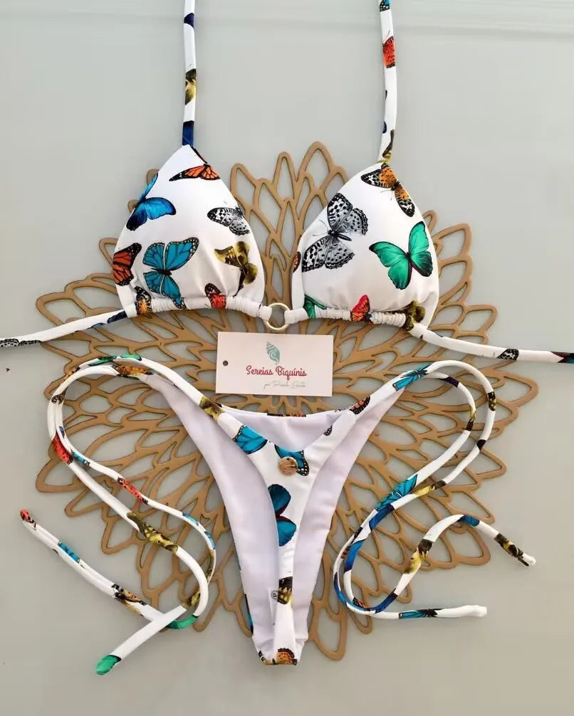 2026 Swimwear Women Cute  Cherry Print Brazilian Thong Bikini Set Sexy Thong Swimsuit Two Pieces Bathing Suit Women Beach Wear