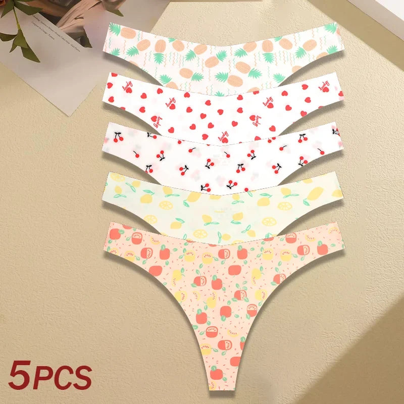 5Pcs Women Ultra-thin Seamless G-string Seamless Print Thongs Sexy Panties Ladies Soft Cute Thongs Female S-XL T-Back Panties