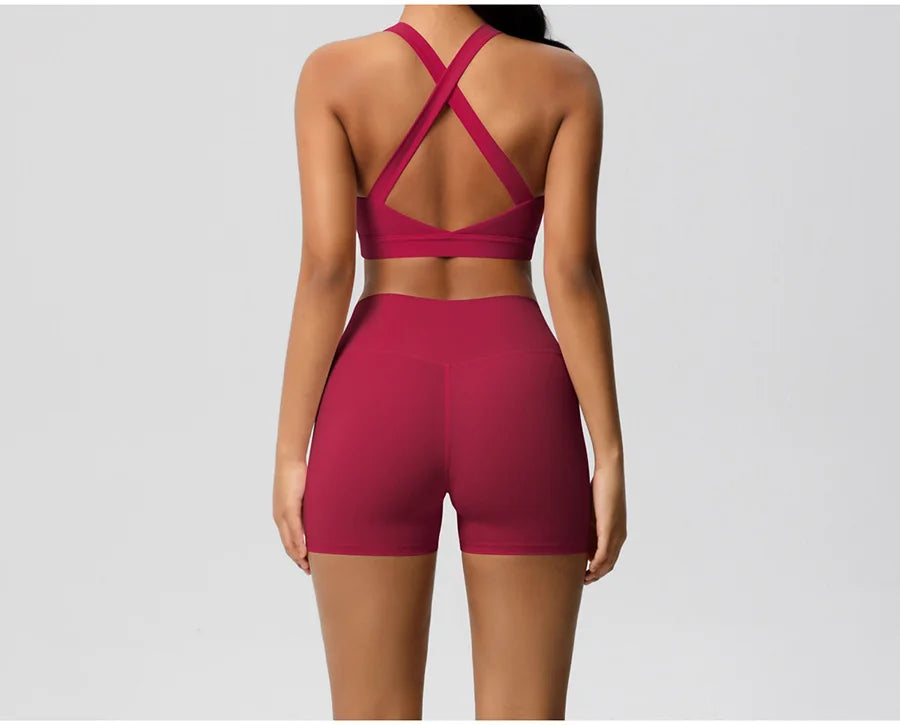 2PCS Yoga Set Women Gym Sports Suits Fitness Bra Crop Top Workout Clothes Female Athletic Wear Push Up Shorts Sportswear