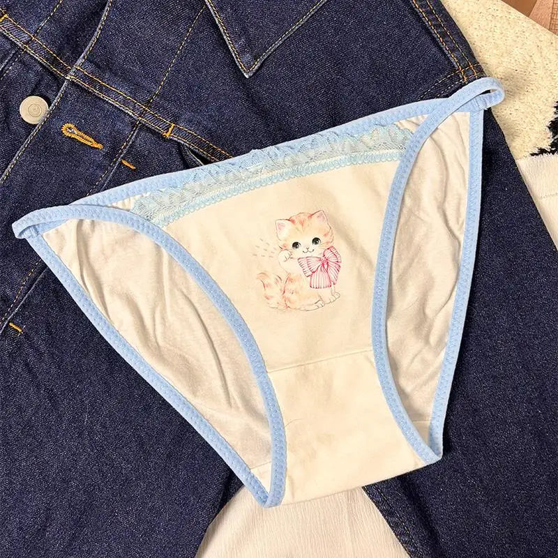 Cotton Girls Panties Cute Cat Sexy Japanese Lace Women Briefs Lady Thong  Underwear G String Female Low Waist Lingerie