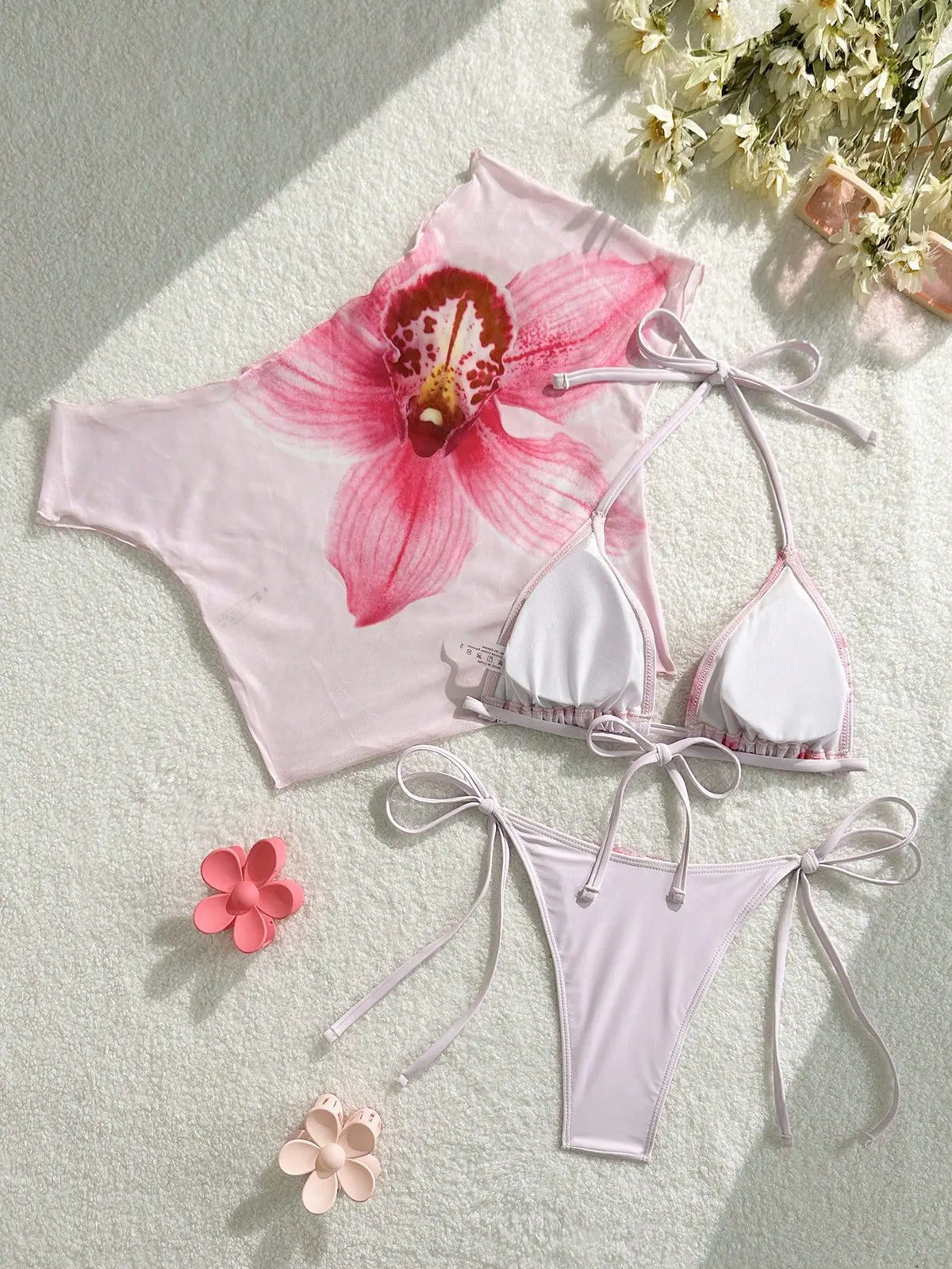 Sexy Pink Floral Print Short Sleeve Cover Up 3 Piece Bikini Set 2026 Women Push Up Thong Swimsuit Holiday Bathing Suit Swimwear