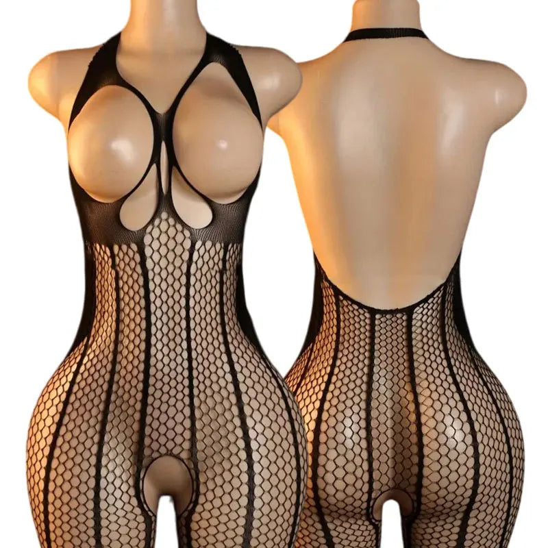 Transparent Fishnet Hollow Lingerie Set Women Hanging Neck Erotic Crotchless Bodystockings Open Bras BodySuits Hot Underwear Set